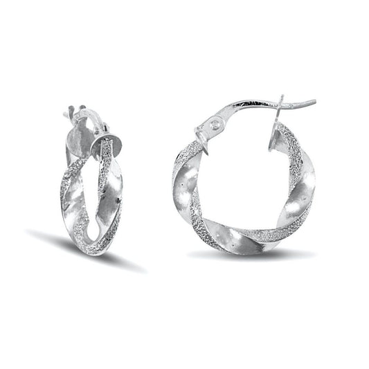 Ladies 9ct White Gold Frosted Edge Twisted 3mm Hoop Earrings 17mm - JER671A