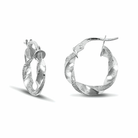 Ladies 9ct White Gold Frosted Edge Twisted 3mm Hoop Earrings 17mm - JER671A