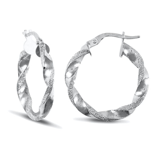 Ladies 9ct White Gold Frosted Edge Twisted 3mm Hoop Earrings 22mm - JER671B