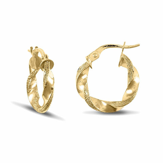 9ct Gold Frosted Edge Twisted 3mm Hoop Earrings 17mm - JER678A