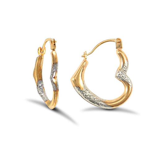 Ladies 9ct Yellow and White Gold Sparkling Heart Creole Earrings - JER732