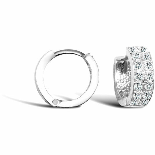 9ct White Gold CZ 2 Row Eternity 4mm Huggie Hoop Earrings 11mm - JER750