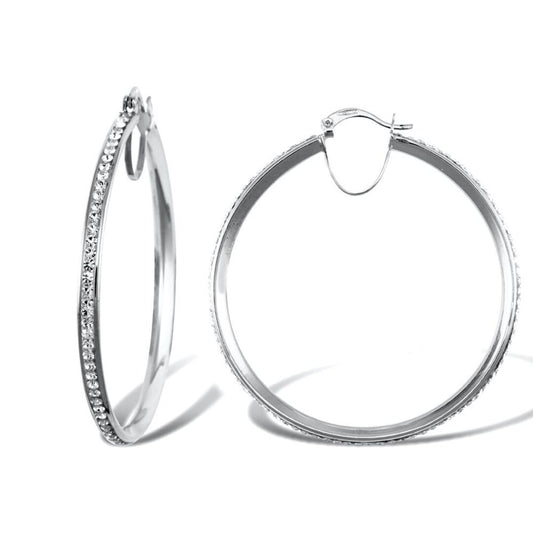 9ct White Gold Crystal Eternity 3mm Hoop Earrings 40mm - JER754E