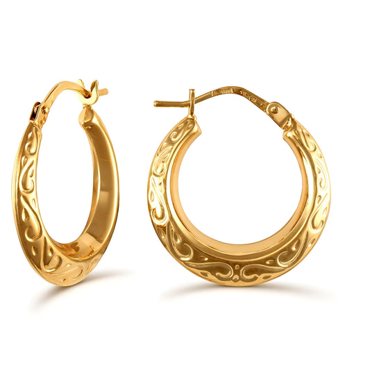 Ladies 9ct Gold Floral Engraved Creole Earrings 18mm - JER763