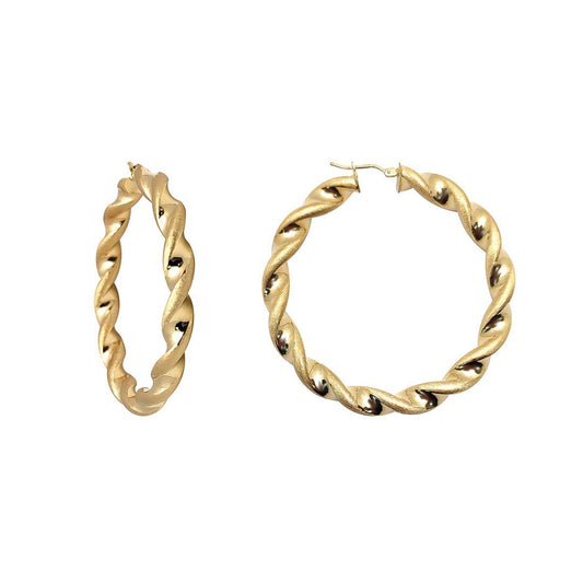 9ct Gold Frosted Satin Chunky Twist 6mm Hoop Earrings 50mm - JER769A