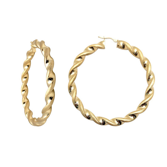 9ct Gold Frosted Satin Chunky Twist 6mm Hoop Earrings 60mm - JER769B