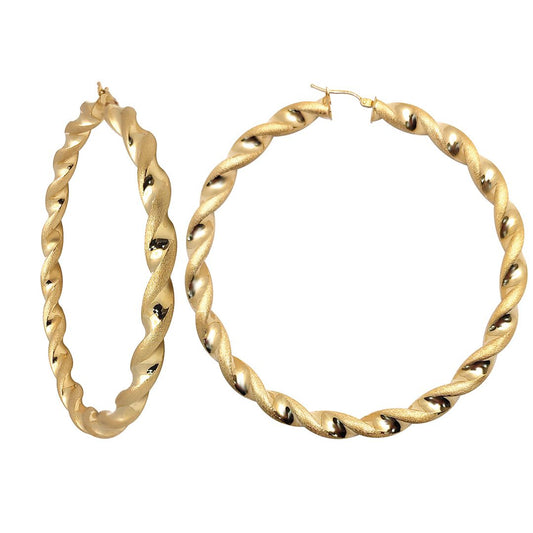 9ct Gold Frosted Satin Chunky Twist 6mm Hoop Earrings 70mm - JER769C