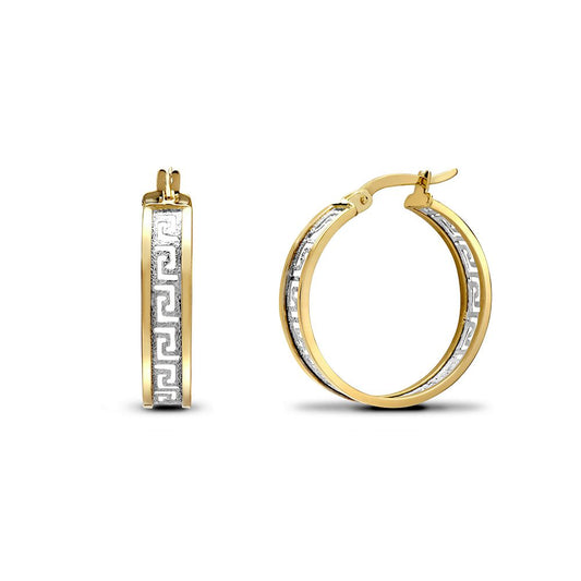 9ct 2-Colour Gold Frosted Meander Greek Key Hoop Earrings 20mm - JER783A