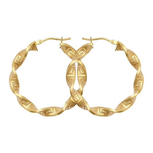 9ct Gold Greek Key Ribbon Twist 4mm Hoop Earrings 32mm - JER787B