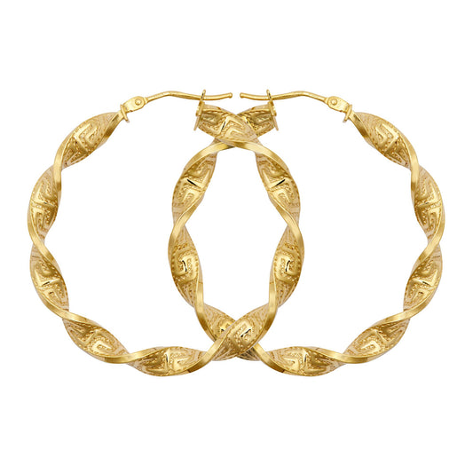 9ct Gold Greek Key Ribbon Twist 4mm Hoop Earrings 37mm - JER787C