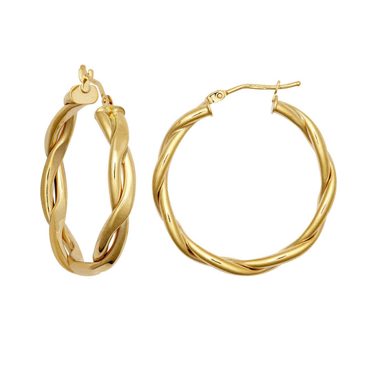 Ladies 9ct Gold Double Tube Plait 4mm Hoop Earrings 25mm - JER788A