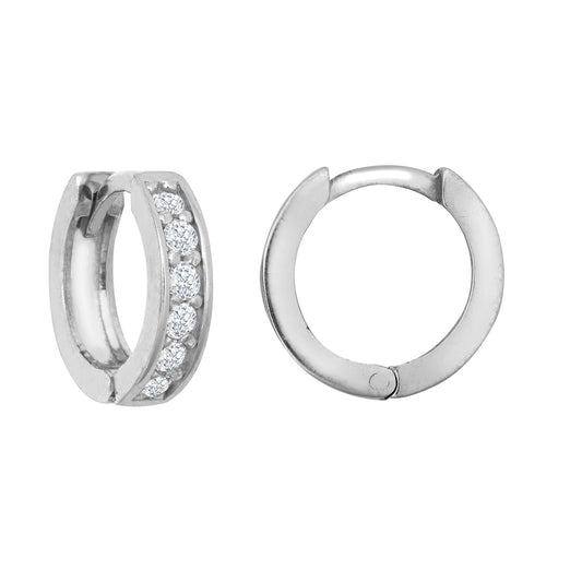9ct White Gold CZ Eternity 3mm Huggie Hoop Earrings 11mm - JER791