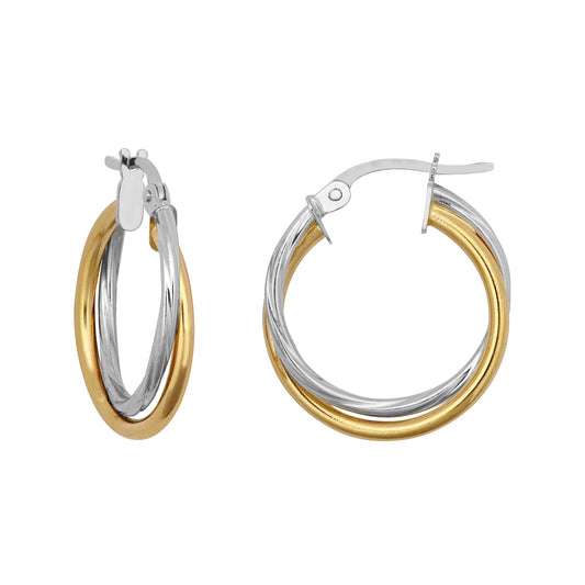 9ct 2-Colour Gold Plain Twisted Double 1.5mm Hoop Earrings 21mm - JER799A