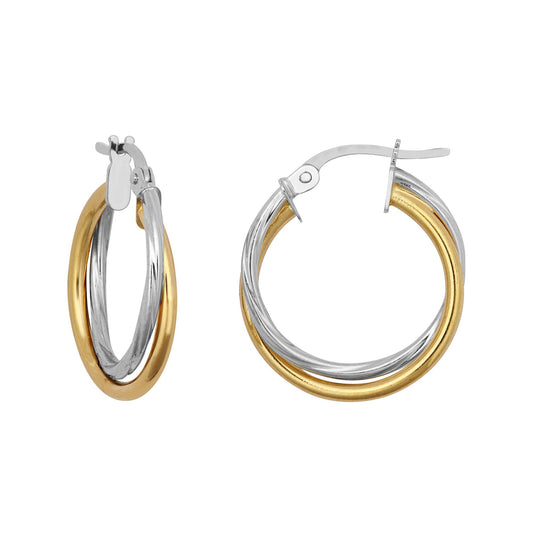 9ct 2-Colour Gold Plain Twisted Double 1.5mm Hoop Earrings 21mm - JER799A
