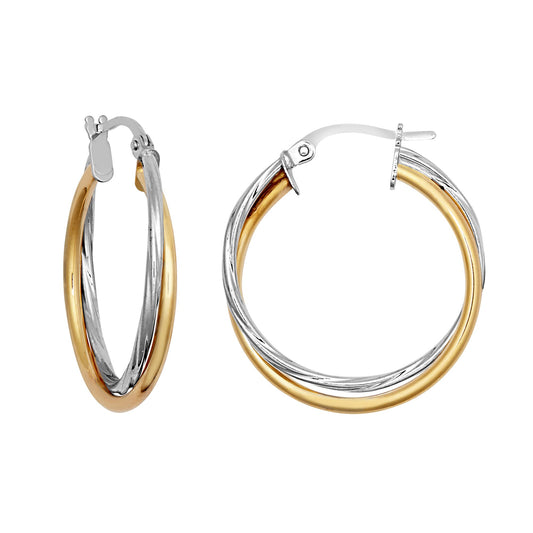 9ct 2-Colour Gold Plain Twisted Double 1.5mm Hoop Earrings 24mm - JER799B