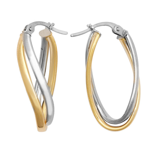 9ct 2-Colour Gold Wavy Double Oval Hoop Creole Earrings - JER800