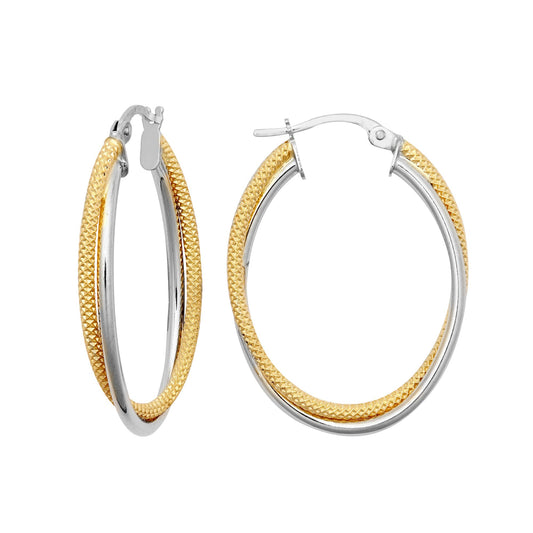 9ct 2-Colour Gold Oval Snake Mesh 3mm Hoop Earrings, 32x24mm - JER801