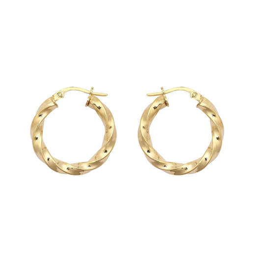 9ct Gold Square Tube Liquorice Twist 3mm Hoop Earrings 21mm - JER804B