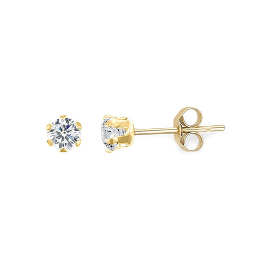 9ct Gold CZ 6 Claw Solitaire Stud Earrings, 3mm ⅕ Carat - JES097