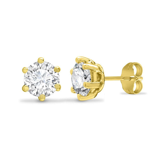 9ct Gold CZ 6 Claw Solitaire Stud Earrings, 5mm 1 Carat - JES127