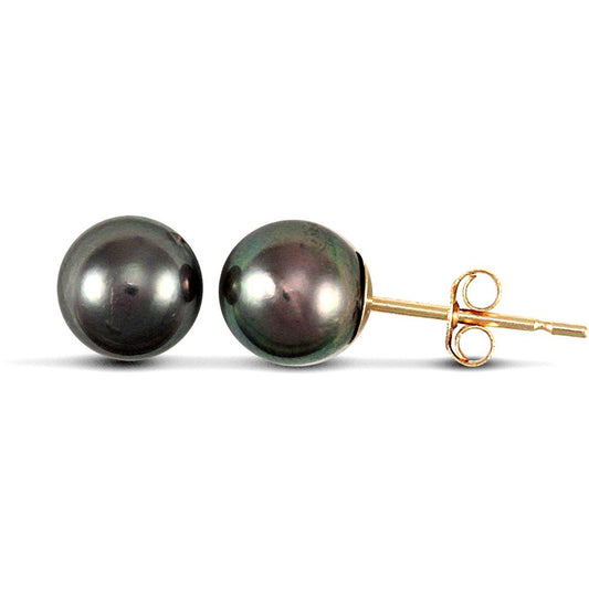 9ct Gold Black Peacock Green Akoya Pearl Stud Earrings 6-6.5mm - JES148