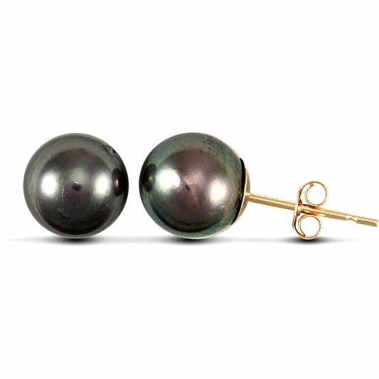 9ct Gold Black Peacock Green Akoya Pearl Stud Earrings 7-7.5mm - JES149