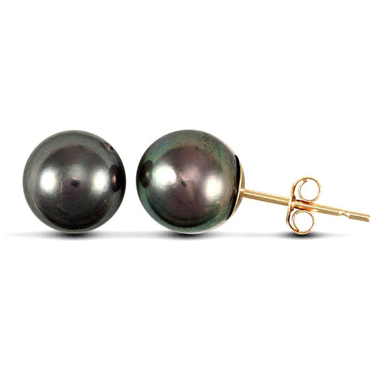 9ct Gold Black Peacock Green Akoya Pearl Stud Earrings 7-7.5mm - JES149