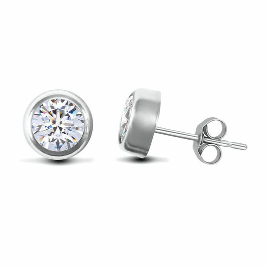 9ct White Gold CZ Rub Over Solitaire Stud Earrings, 5mm 1 Carat - JES159