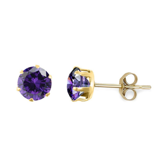 9ct Gold Purple CZ Solitaire Claw Set Stud Earrings, 5mm - JES165