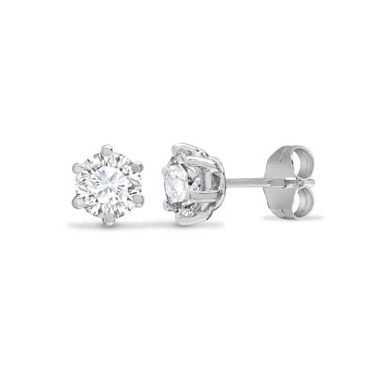 9ct White Gold CZ 6 Claw Solitaire Stud Earrings, 4mm - JES176