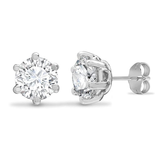 9ct White Gold CZ 6 Claw Solitaire Stud Earrings, 6mm - JES178