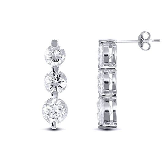 9ct White Gold CZ 3 Stone Trilogy Stud Drop Earrings, 4-5mm - JES192