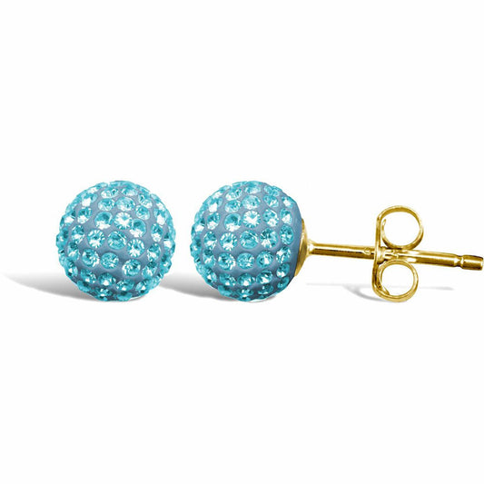 9ct Gold Aqua Blue Crystal Disco Ball Stud Earrings, 8mm - JES211