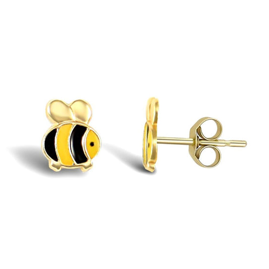 Ladies 9ct Gold Enamel Bumble Bee Stud Earrings - JES246