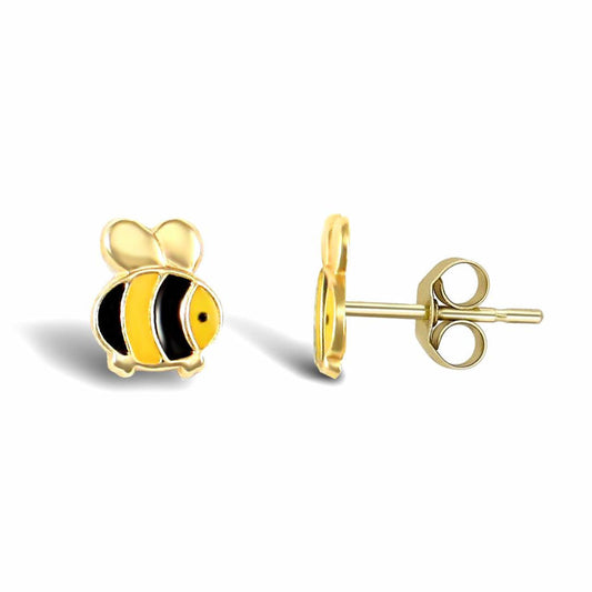 Ladies 9ct Gold Enamel Bumble Bee Stud Earrings - JES246