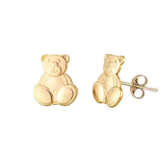 Ladies 9ct Gold Happy Teddy Bear Stud Earrings - JES256