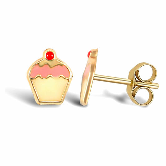 9ct Gold Enamel Frosting Cherry Cupcake Muffin Stud Earrings - JES258