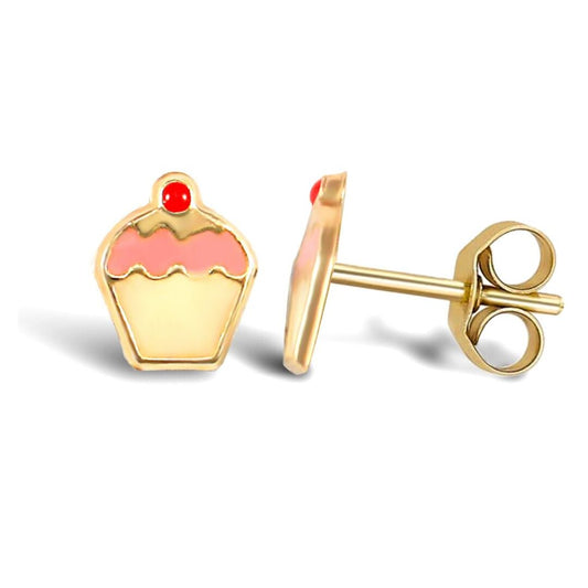 9ct Gold Enamel Frosting Cherry Cupcake Muffin Stud Earrings - JES258