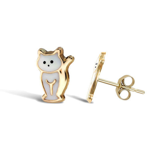 Ladies 9ct Gold Enamel Cat Kitten Stud Earrings - JES272