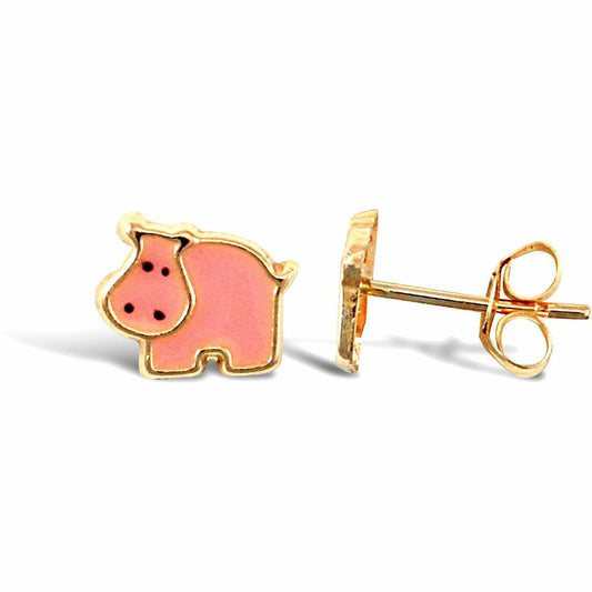 Ladies 9ct Gold Pink Enamel Hippo Stud Earrings - JES274