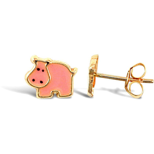 Ladies 9ct Gold Pink Enamel Hippo Stud Earrings - JES274