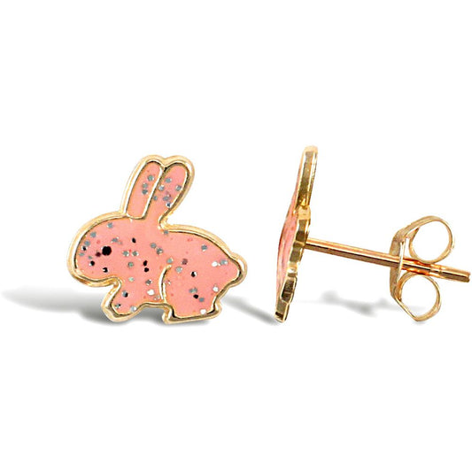 Ladies 9ct Gold Pink Enamel Bunny Rabbit Stud Earrings - JES277