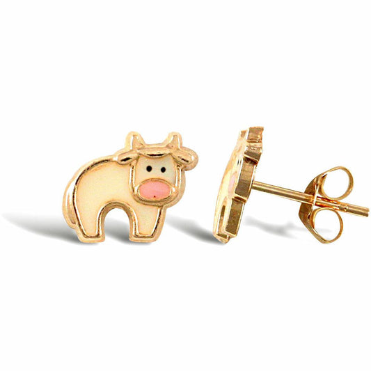 Ladies 9ct Gold Enamel Cow Stud Earrings - JES278