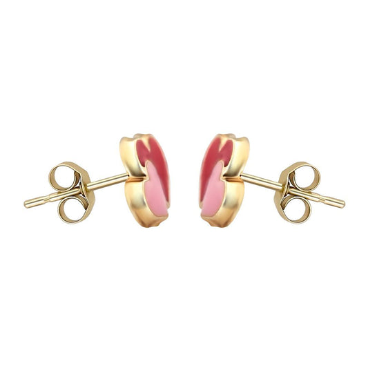 Ladies 9ct Gold Pink Enamel Love Heart Stud Earrings - JES281