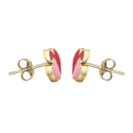 Ladies 9ct Gold Pink Enamel Love Heart Stud Earrings - JES281