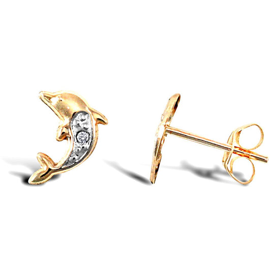 9ct Gold CZ Solitaire Dolphin Stud Earrings - JES283