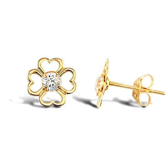 9ct Gold CZ Love Heart Clover Flower Petal Stud Earrings - JES294
