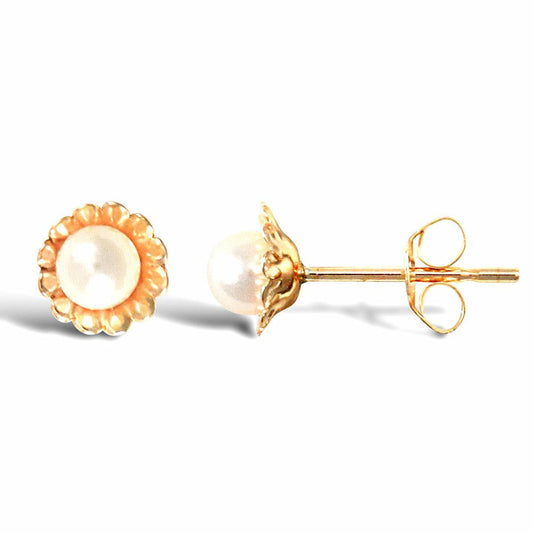 9ct Gold Pearl Flower Stud Earrings 3.5-4mm - JES297
