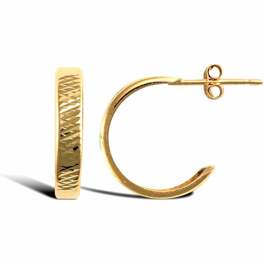 Ladies 9ct Gold Diamond Cut Band Semi Huggie Hoop Earrings - JES323