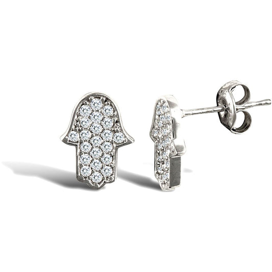 9ct White Gold CZ Chamsa Hand Stud Earrings - JES326